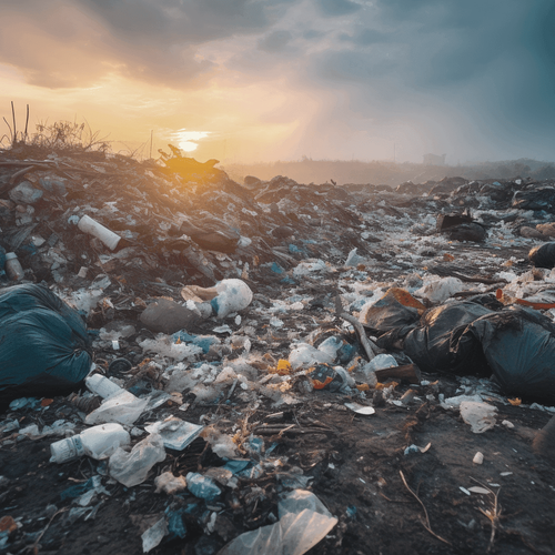 Garbage strewn across a landfill site.